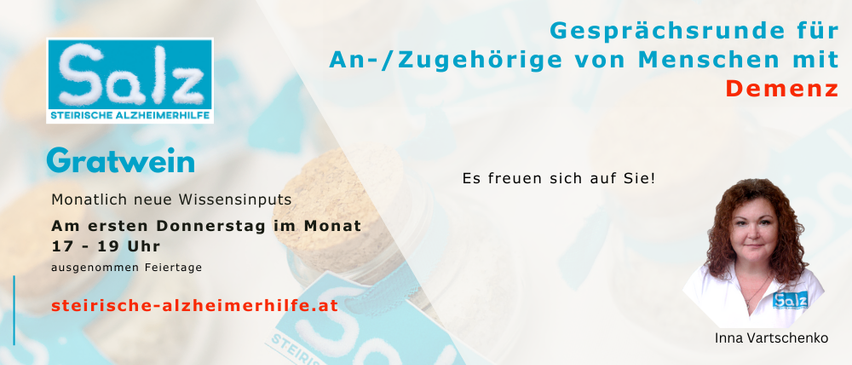 Banner für Alzheimerhilfe mit einer Frau, die zu monatlichen Gesprächen über Alzheimer-Themen einlädt, die jeden Donnerstag um 17 Uhr stattfinden. Besuchen Sie steirische-alzheimerhilfe.at für weitere Informationen.