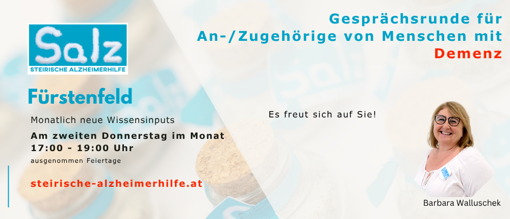 Eine Anzeige für eine Gesprächsrunde für Alzheimer-Betreuerinnen. Das Bild zeigt eine lächelnde Frau mit Brille, den Gruppennamen und die Uhrzeit der Versammlung.
