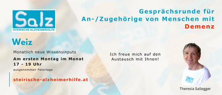 Das Bild zeigt einen Flyer für eine Gesprächsrunde für Menschen mit Alzheimer, die Teilnehmer jeden ersten Montag im Monat um 9 Uhr einlädt. Das Logo der Österreichischen Alzheimer Gesellschaft ist abgebildet.