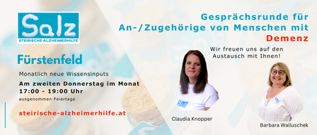 Werbung einer Alzheimer-Organisation mit Claudia Knopper und Barbara. Sie bieten monatliche Donnerstagsgespräche um 19:00 Uhr an. Website ist ste-alzheimerhilfe.at.