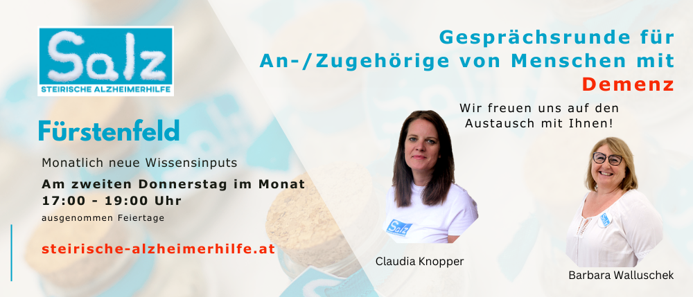 Werbung einer Alzheimer-Organisation mit Claudia Knopper und Barbara. Sie bieten monatliche Donnerstagsgespräche um 19:00 Uhr an. Website ist ste-alzheimerhilfe.at.