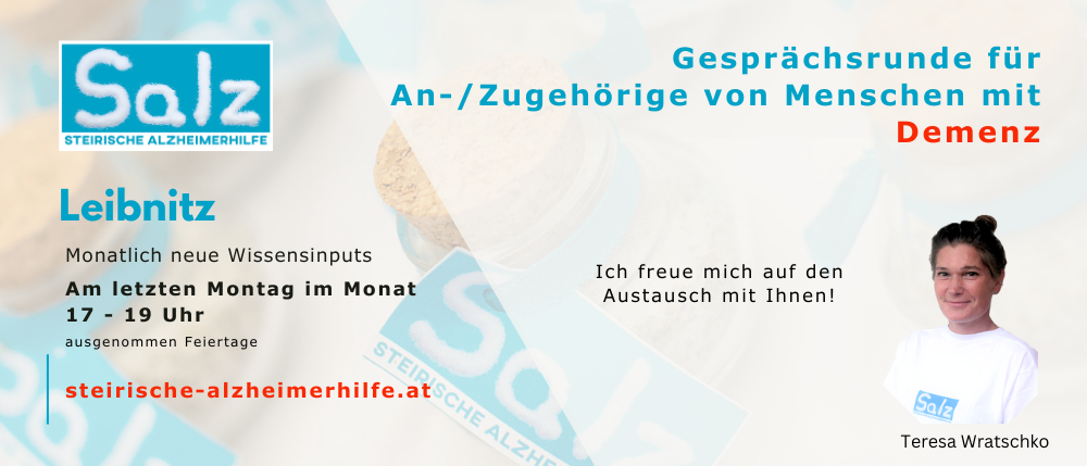 Das Bild zeigt ein Werbeposter für Alzheimerhilfe mit der Ankündigung von Gesprächsrunden für Angehörige von Alzheimer-Patienten. Es enthält die Zeit '9 Uhr' und eine Website-Adresse. Ein Bild einer lächelnden Frau, Teresa, ist ebenfalls zu sehen.