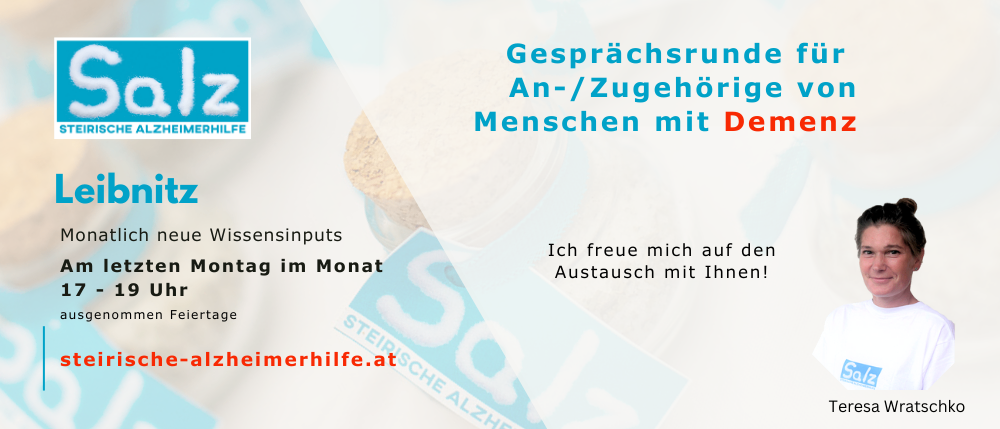 Alzheimerhilfe-Logo mit Gesprächsrunden für Angehörige von Menschen mit Demenz. Geplant jeden Montag um 9 Uhr. Besuchen Sie salz-alzheimerhilfe.at.