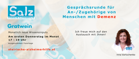Gesprächsrunde für An-/Zugehörigkeiten von Menschen mit Demenz. Jeden ersten Donnerstag um 9 Uhr. sche-alzheimerhilfe.at.