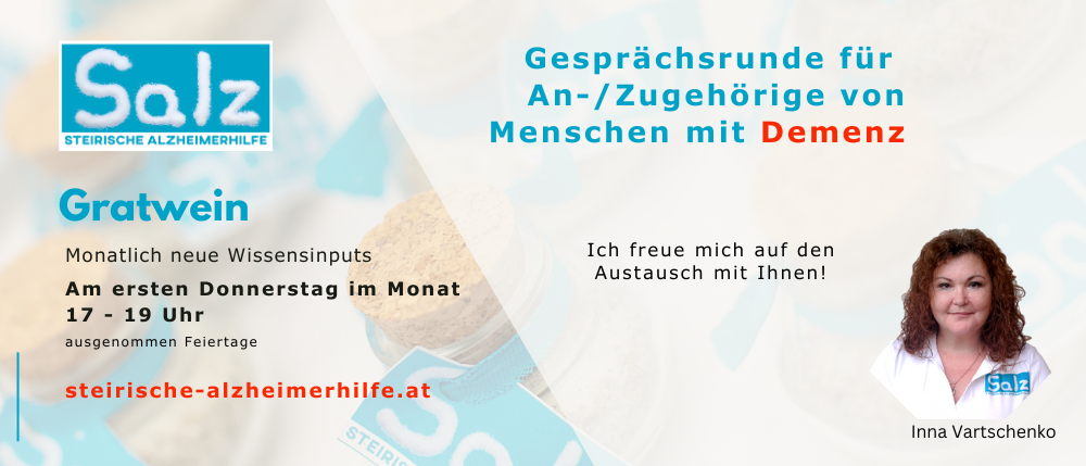 Gesprächsrunde für An-/Zugehörigkeiten von Menschen mit Demenz. Jeden ersten Donnerstag um 9 Uhr. sche-alzheimerhilfe.at.