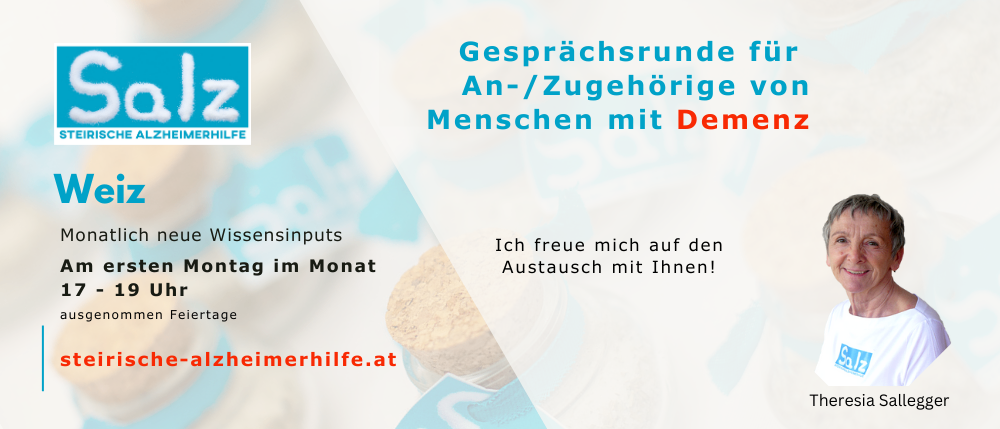 Plakat für Alzheimerhilfe mit einer lächelnden Frau und Text über Gesprächsrunden für Menschen mit Demenz. Das Plakat enthält einen Zeitplan für monatliche Treffen.