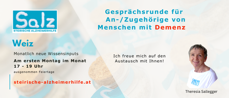 Plakat für Alzheimerhilfe mit einer lächelnden Frau und Text über Gesprächsrunden für Menschen mit Demenz. Das Plakat enthält einen Zeitplan für monatliche Treffen.