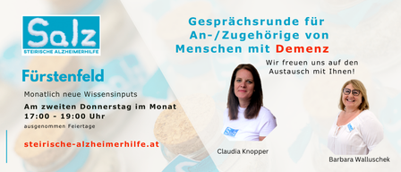 Werbung für Gesprächsrunden für Angehörige von Menschen mit Demenz. Treffen jeden Donnerstag um 19:00 Uhr. Organisatorin Claudia Knopper. Kontakt salz.at.
