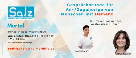 Plakat für Alzheimerhilfe Salzburg mit Monika Murzl, Einladung an Angehörige von Menschen mit Demenz, sich an Gesprächsrunden am ersten Dienstag des Monats um 9 Uhr zu beteiligen.