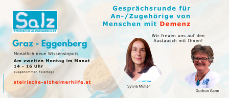 Eine Anzeige fur die Alzheimerhilfe in Eggenberg, mit zwei Frauen. Oben ist ein Logo und Text uber monatliche Treffen.