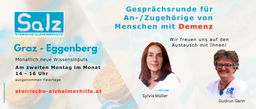 Eine Anzeige fur die Alzheimerhilfe in Eggenberg, mit zwei Frauen. Oben ist ein Logo und Text uber monatliche Treffen.