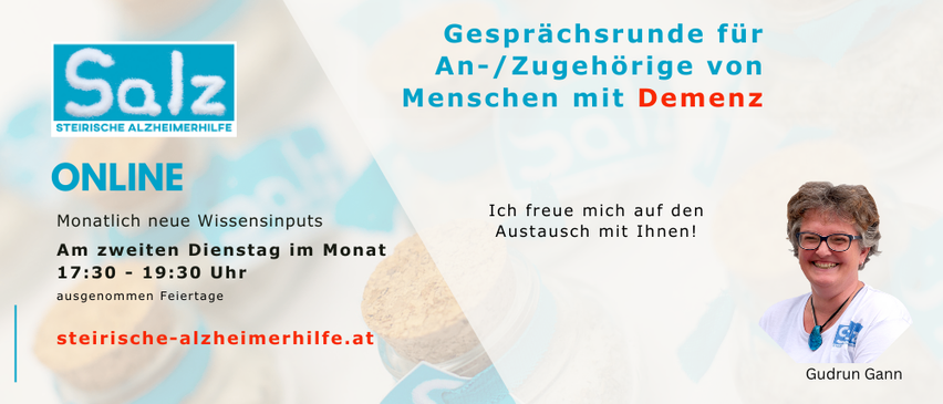 An advertisement for Alzheimerhilfe, featuring a woman with glasses, showing a phone number and date for a conversation with people with dementia.