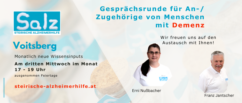 Plakat für Gesprächsrunden für Angehörige von Menschen mit Demenz. Mit Erni NuBbacher und Franz. Termine Mittwochs um 9 Uhr.