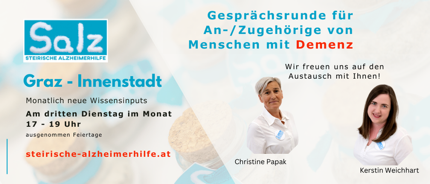 Eine Werbung für 'Gesprächsrunde für An-/Zugehörigkeit von Menschen mit Demenz' von Alzheimerhilfe, mit Christine Papak und Kerstin, und einem Bild einer älteren Frau.