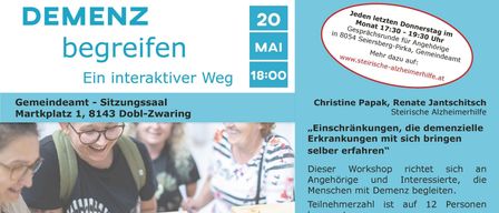 Ein interaktiver Workshop mit Christine Papak zum Thema 'Einschränkungen, die Krankheit selbst'. Der Workshop richtet sich an Menschen mit Demenz und Angehörige. Anmeldung erforderlich.
