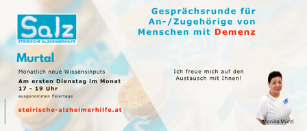 Eine Anzeige für die Alzheimerhilfe, die Angehörige von Menschen mit Demenz zu Gesprächsrunden am ersten Montag im Monat um 9 Uhr einlädt.
