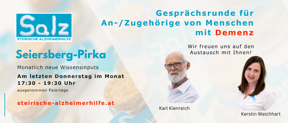 Veranstaltungsposter für Alzheimerhilfe Salzburg. Es zeigt zwei Personen, eine mit Brille und die andere lächelnd. Die Veranstaltung findet jeden ersten Donnerstag im Monat um 19:30 statt.