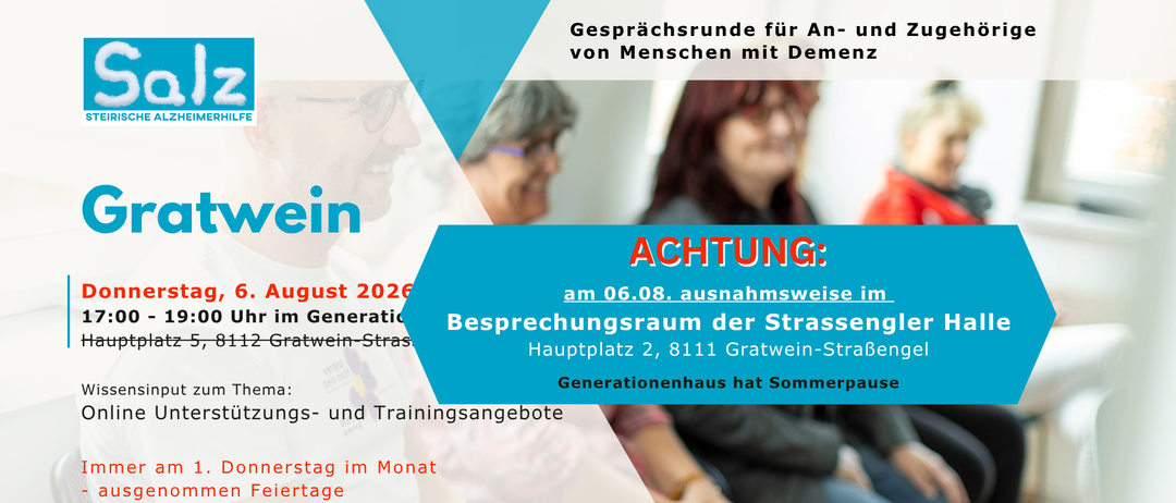 Eine Ankündigung über einen Gesprächsraum für Menschen mit Demenz, mit einem Datum vom August 2026, und einer Notiz, dass das Generationenhaus vom 6. August eine Sommerpause hat.