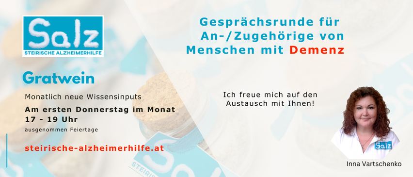 Werbeanzeige von Alzheimerhilfe mit Inna, einer Frau, mit einem blau-weißen Logo, das Gesprächsrunden für Angehörige von Menschen mit Demenz behandelt.