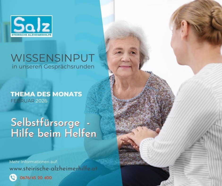 Eine Anzeige für Alzheimer-Hilfe zeigt eine ältere Frau und eine junge Frau, mit blauem Hintergrund und Text auf Deutsch. Die Frau schaut die ältere Frau an, die lächelt. Das Bild hat einen Wasserzeichen mit einer Website-URL.