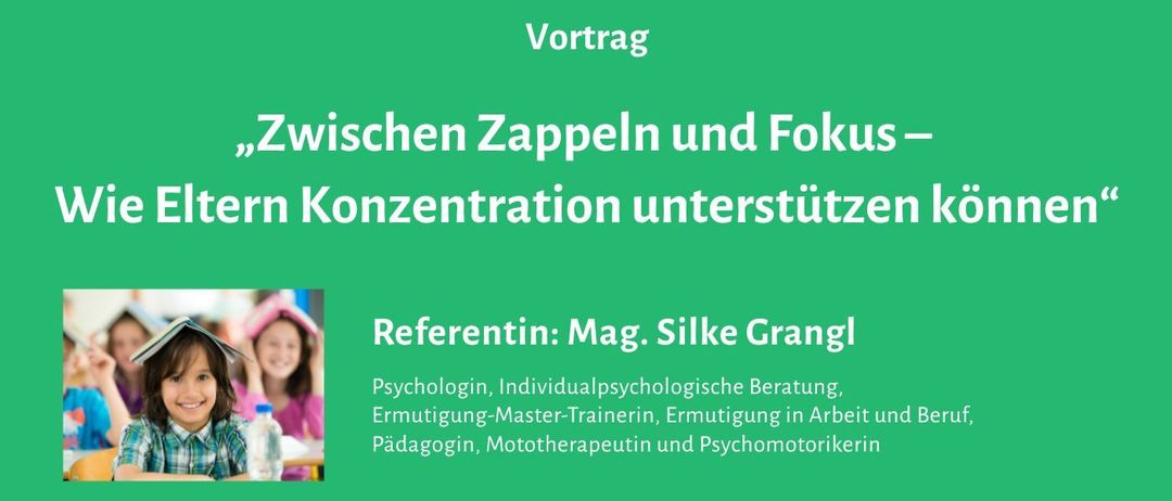 Plakat für einen Vortrag über die Unterstützung der Konzentration von Kindern durch Eltern. Referentin ist Mag. Silke Grangl, Psychologin und Trainerin. Datum ist der 11. Dezember 2025 um 18:00 in der Stadtbücherei Gussing.