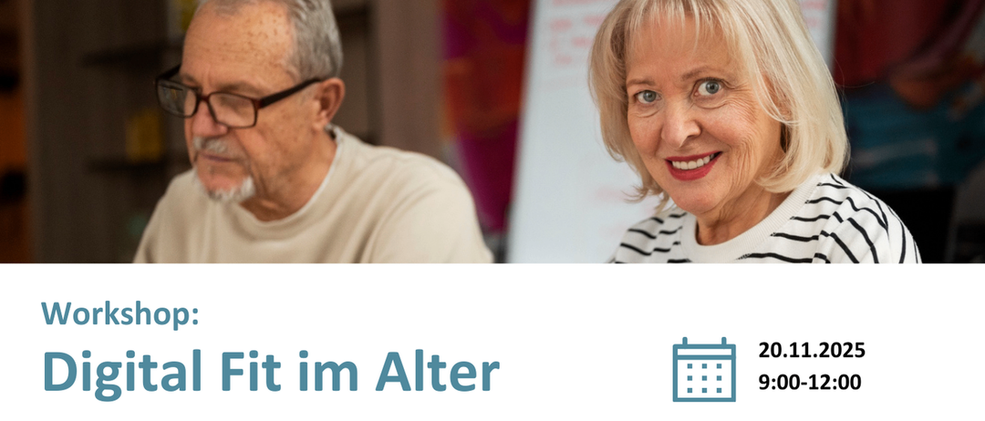 Workshop: Digital Fit im Alter. Datum: 20.11.2025, Zeit: 9:00-12:00. Dieser Workshop vermittelt grundlegende digitale Kompetenzen für Erwachsene, um die Bedienung mobiler Endgeräte, die Nutzung von E-Mail und WhatsApp sowie das sichere Surfen im Internet zu erlernen. Besondere Schwerpunkte sind die Anpassung der Geräteeinstellungen, der Schutz der Privatsphäre und die Erkennung von Online-Betrug und Phishing-Angriffen.