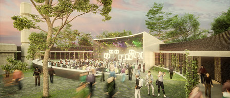 An artist's rendering of an outdoor concert venue. A crowd is gathered, and a stage with lights and speakers is visible. Trees and a brick wall are in the background.