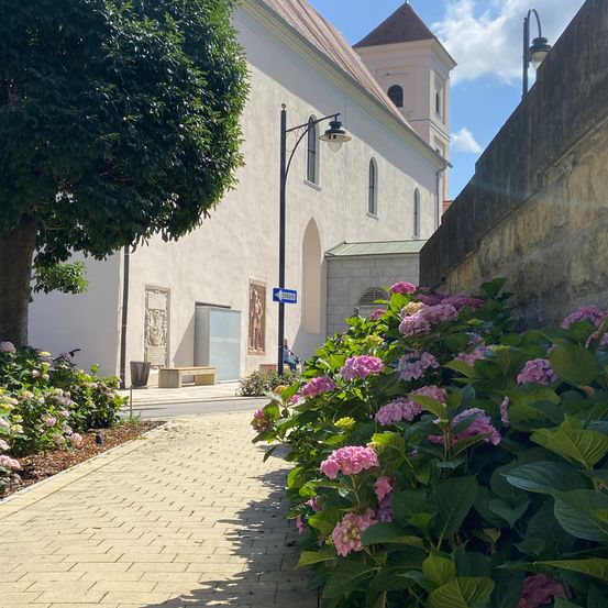 Ein weißes Gebäude mit Turm, Ziegelweg und rosa Blumen an einem sonnigen Tag.