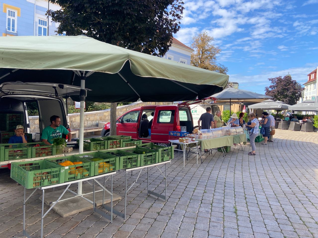 Ein Bauernmarkt an einem sonnigen Tag. Ein Mann verkauft Gemüse unter einem grünen Schirm. Ein roter Lieferwagen ist geparkt.