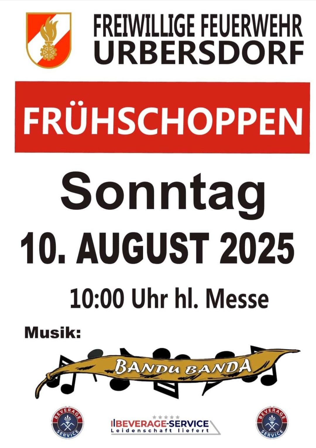 Plakat für Fruehschoppnen-Veranstaltung am Sonntag, 10. August 2025. Zeit ist 10:00 Uhr in der örtlichen Kirche. Musik von Bandu Banda.