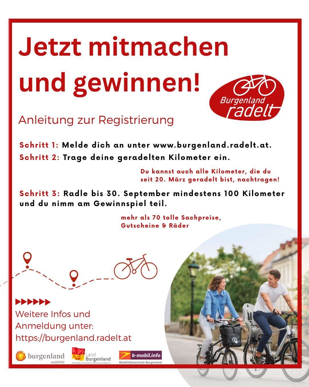 Poster zur Registrierung für ein Fahrrad-Event. Melde dich auf der Website an, gib Kilometer ein, fahre bis zum 30. September mindestens 100 Kilometer und gewinne Preise. Website-Link angegeben.