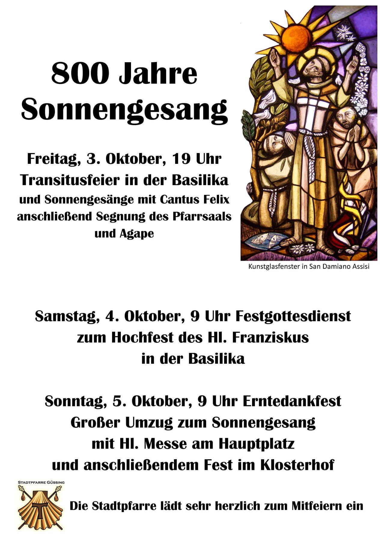 Plakat für das Sonnengesang-Event. Es zeigt drei religiöse Veranstaltungen für den 3., 4. und 5. Oktober. Eine Illustration eines Heiligen begleitet den Text.