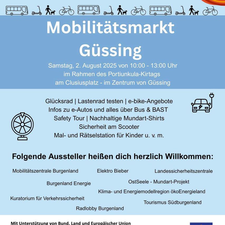 Mobilitätsmarkt in Güssing am 2. August 2025 von 10:00 bis 13:00 Uhr mit e-Bikes, Bussen, Sicherheitstouren und nachhaltigen Shirts. Aussteller sind Mobilitätszentrale, Elektro Bieber und Landessicherheitszentrale.