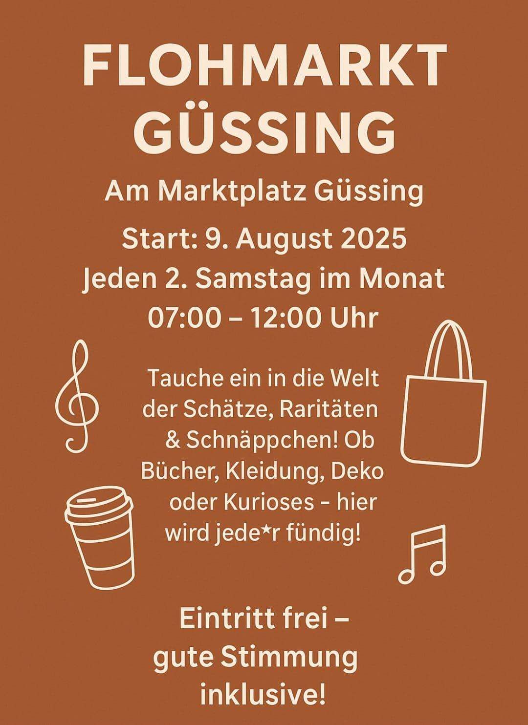 Güssing Marktplaz Veranstaltungsposter. Beginnt 9. August 2025, jeden 2. Samstag 07:00-12:00. Entdecke Schätze, Raritäten & Schnäppchen! Der Eintritt ist frei.