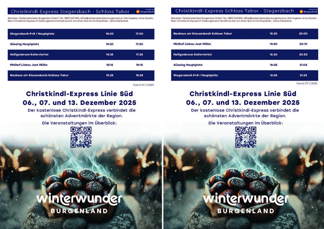 Das Bild zeigt einen Fahrplan für den Christkindl-Express, einem speziellen Zug, der verschiedene Städte in Burgenland, Österreich, an bestimmten Dezembertagen 2025 verbindet. Der Zug bietet kostenlose Fahrten und verbindet mehrere Städte.