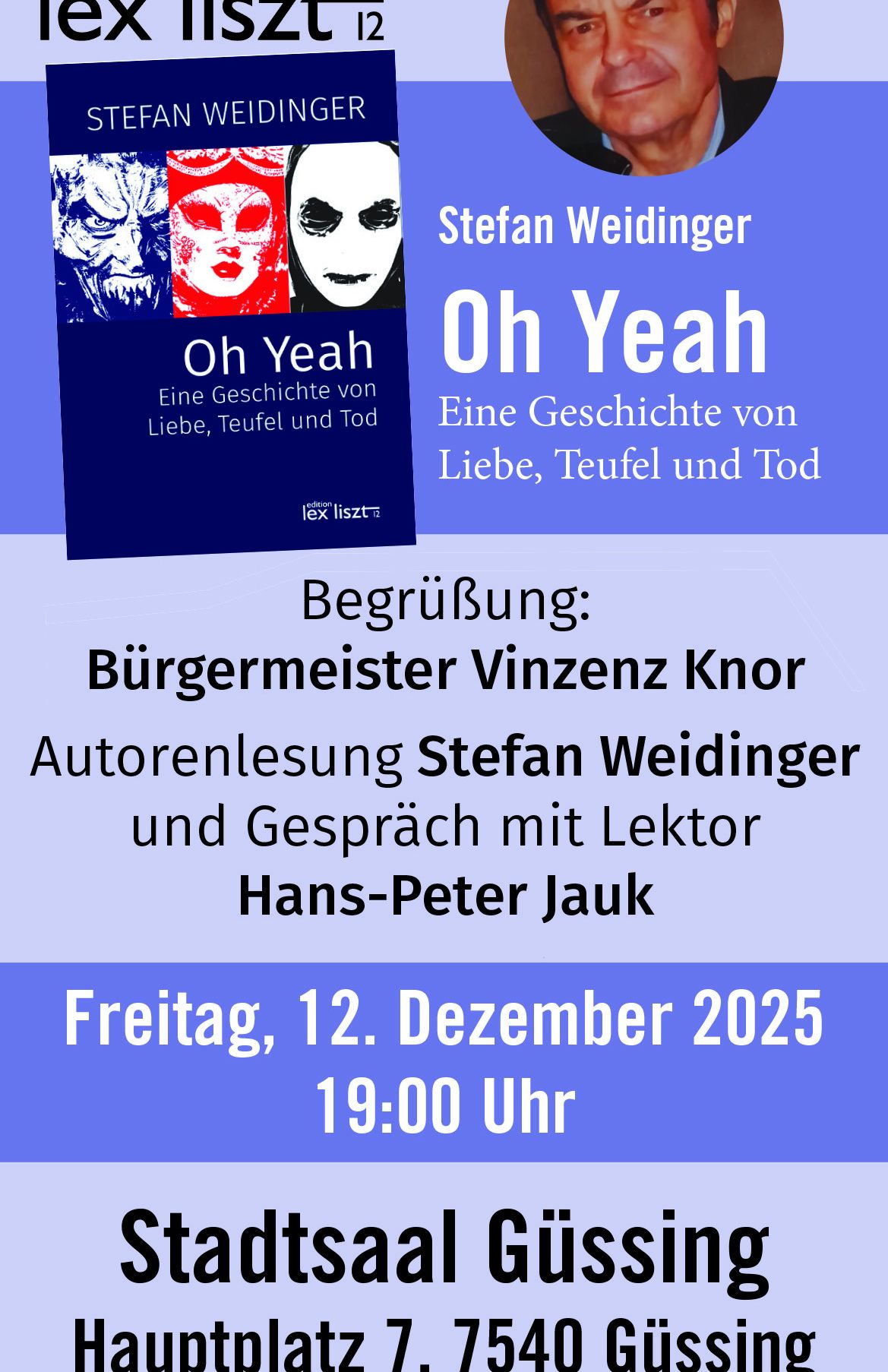 Ein Veranstaltungsposter für Oh Yeah mit einem Buchcover und Details über eine Autorenlesung und Diskussion am Freitag, 12. Dezember 2025 um 19:00 Uhr.