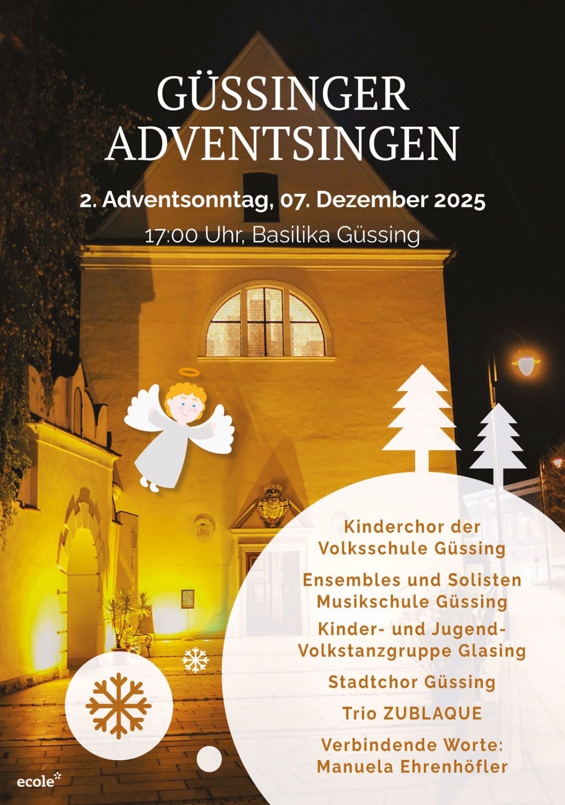 Ein Veranstaltungsposter für Adventsingen am zweiten Adventssonntag, 7. Dezember 2025 um 17:00 Uhr in der Basilika Gussing. Es zeigt einen goldenen Engel, illuminierte Bäume und ein goldenes Gebäude mit Fenster.