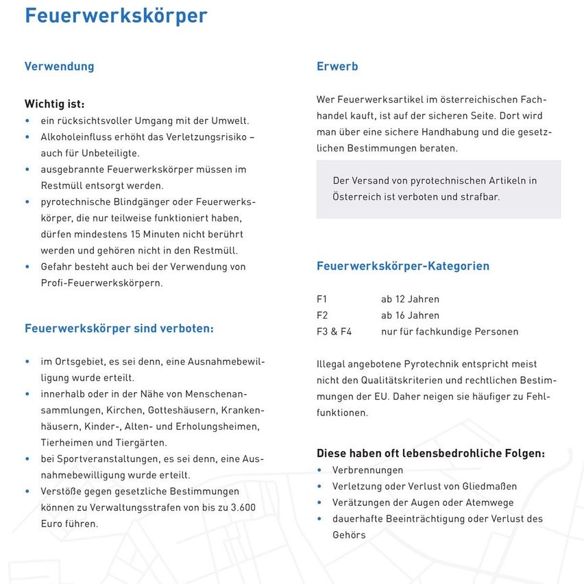Das Bild enthält eine Tabelle mit Abschnitten zur Verwendung und zum Erwerb von Feuerwerkskörpern, die wichtige Sicherheitsinformationen und gesetzliche Bestimmungen enthalten. Es betont die Risiken unsachgemäßer Handhabung und die Notwendigkeit einer ordnungsgemäßen Lagerung und Handhabung von pyrotechnischen Artikeln. Es listet auch Kategorien von Feuerwerkskörpern und damit verbundene Altersbeschränkungen auf.