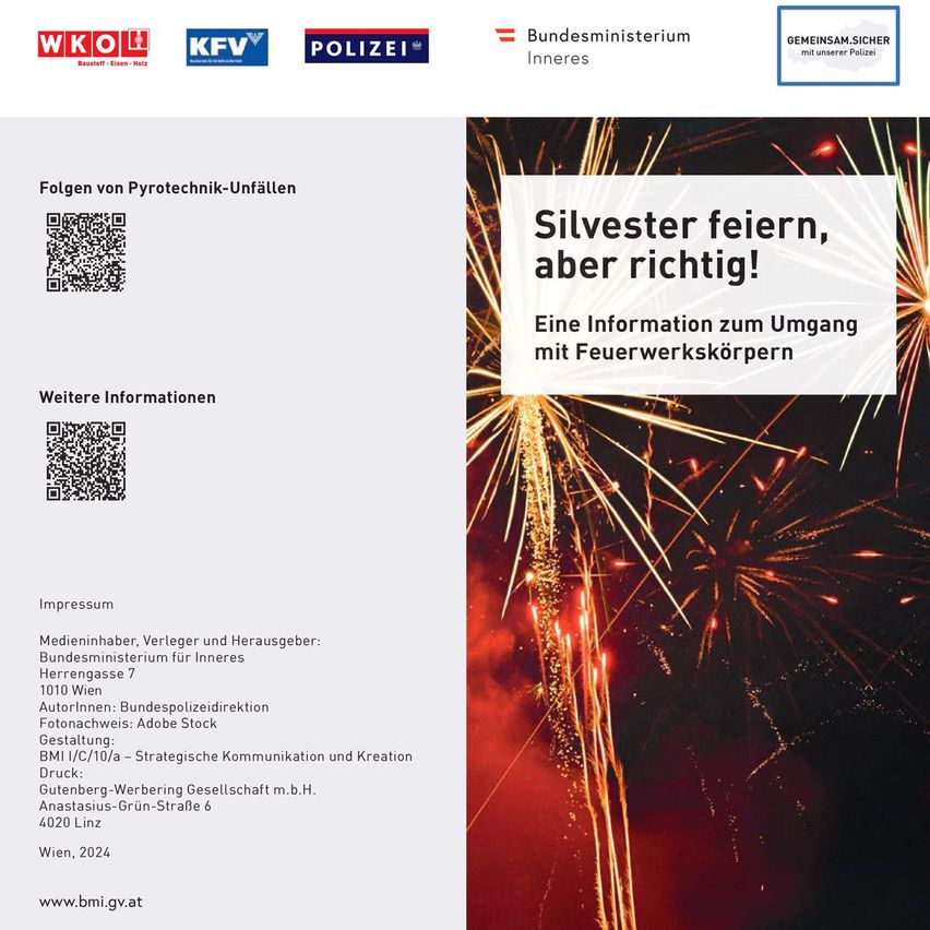 Ein Dokument über Pyrotechnik-Unfälle, herausgegeben vom Bundesministerium des Innern, zeigt einen Feuerwerksdisplay-Hintergrund. Es enthält Informationen zum Umgang mit Feuerwerkskörpern, einen QR-Code und einen Impressum mit Veröffentlichungsdetails.