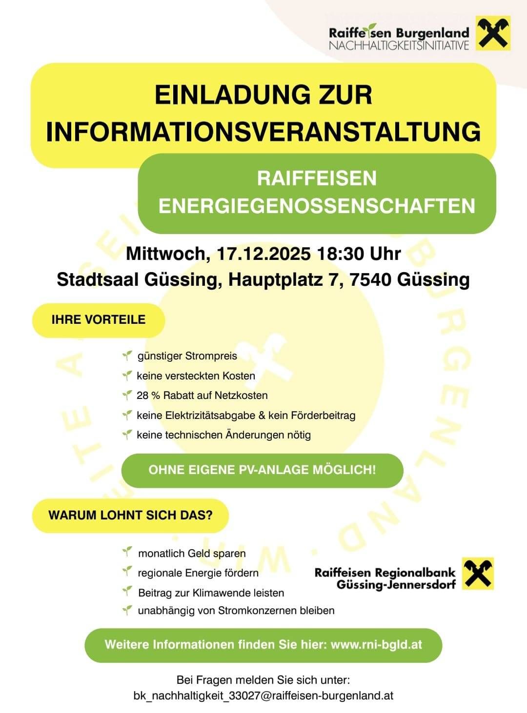 Einladung zur Informationsveranstaltung am Mittwoch, 17.12.2025, 18:30 Uhr in Güssing, Hauptplatz 7, 7540 Güssing. Vorteile: Günstiger Strompreis, keine versteckten Kosten, 28% Rabatt auf Netzkosten, keine Elektrizitätsabgabe und kein Förderbeitrag, keine technischen Änderungen erforderlich, ohne eigene PV-Anlage möglich!