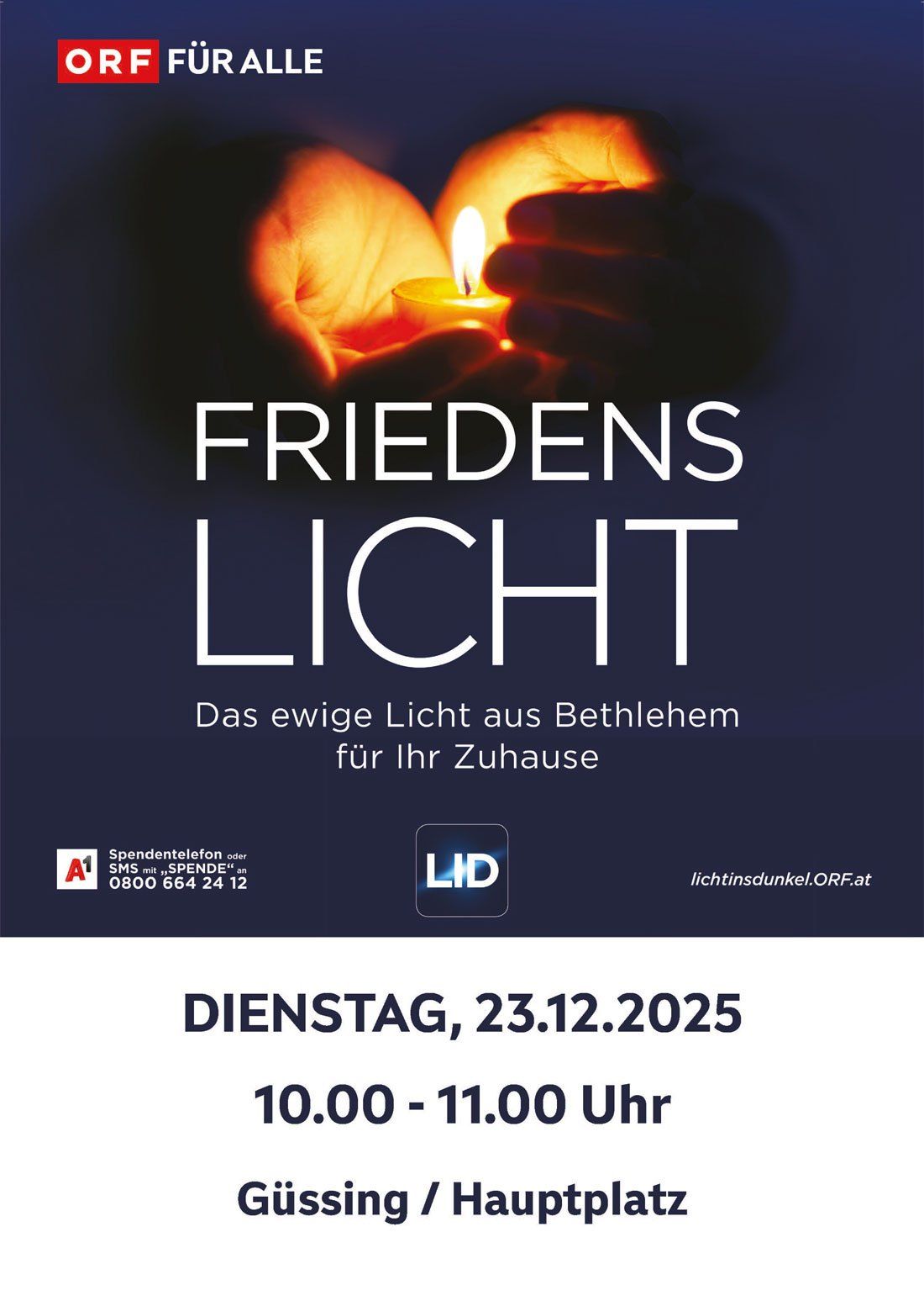 Werbeposter für Friedenslicht, ein ewiges Licht aus Bethlehem, für Ihr Zuhause. Logo und Spendeninfos unten. Veranstaltung am 23.12.2025 von 10:00 bis 11:00 Uhr.