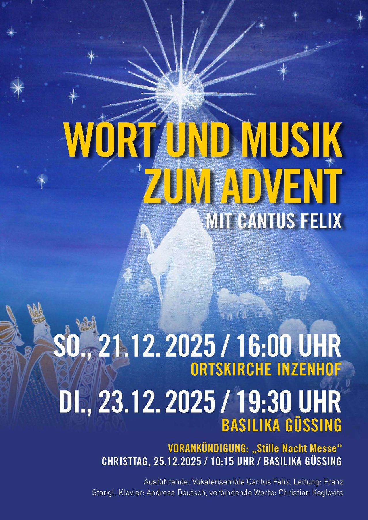 Ein Plakat für ein Adventsevent mit einem Hirten und Schafen unter einem Stern. Der Titel lautet 'Wort und Musik zum Advent' mit Terminen und Orten für zwei Veranstaltungen.