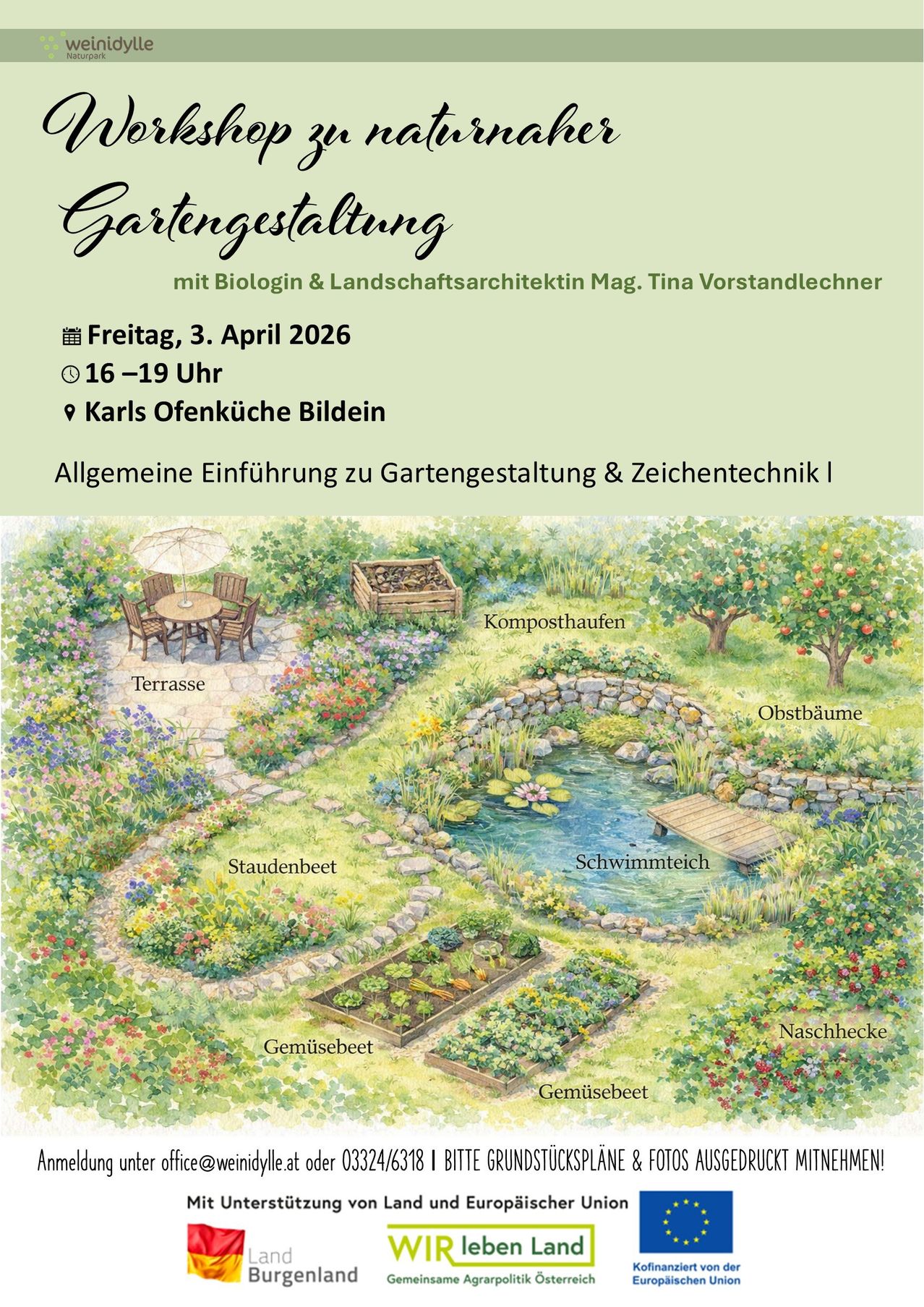 A poster for a garden design workshop on April 3, 2026, featuring an illustration of a garden with various elements labeled.