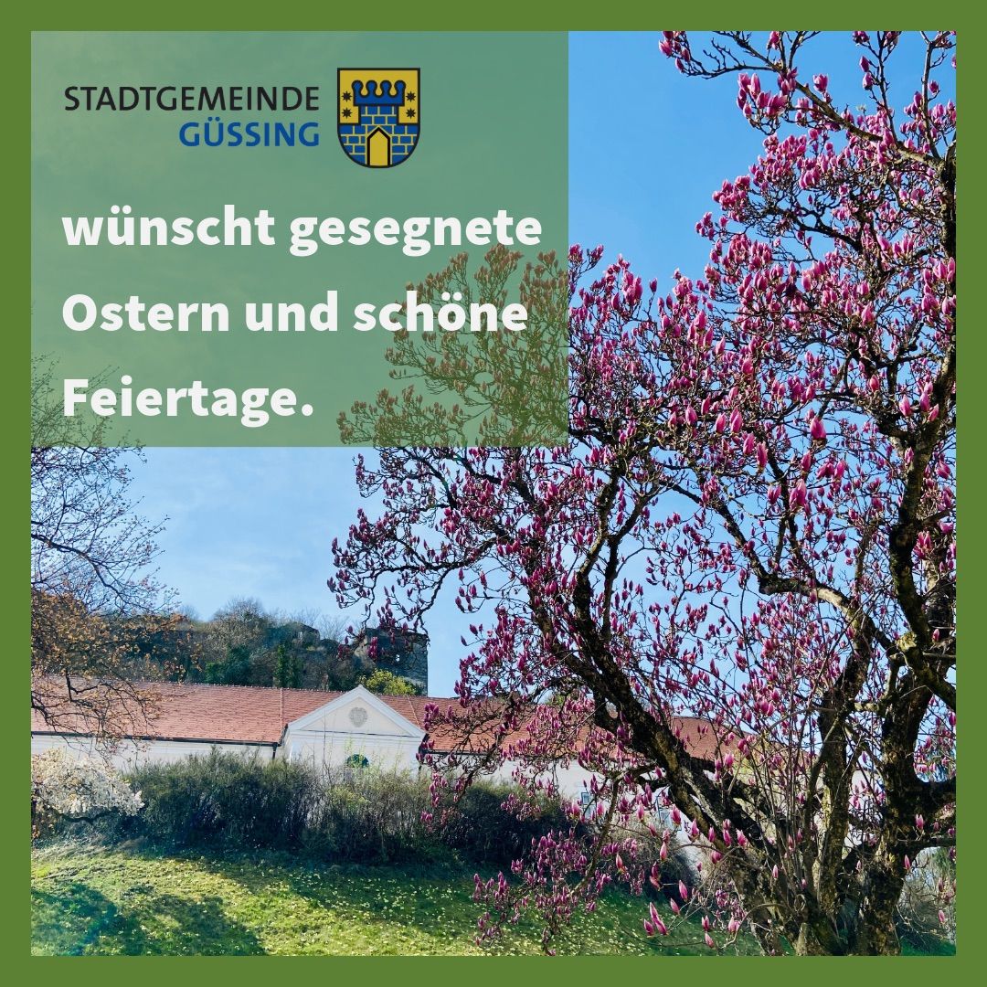 A poster with a tree in full bloom and a house in the background. Text reads 'Gusseing wishes you blessed Easter and beautiful holidays.'