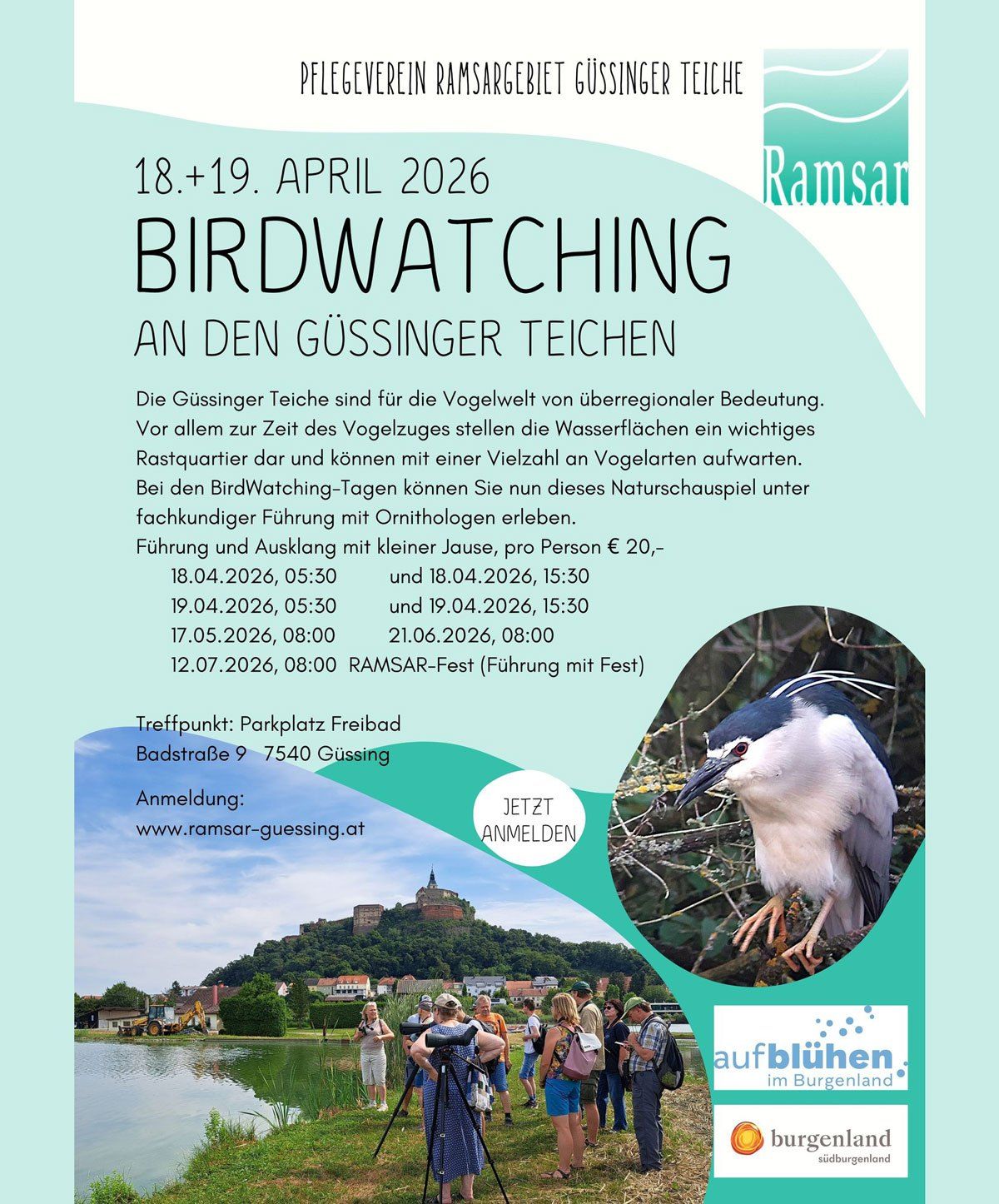 Poster for birdwatching event in Gussing. Dates: April 18-19, 2026. Times: 05:30, 15:30, 08:00. Cost: 20€ per person. Meeting point: Freibad Parking Lot, Badstraße 9, 7540 Gussing. Sign up at www.ramsar-guessing.at.