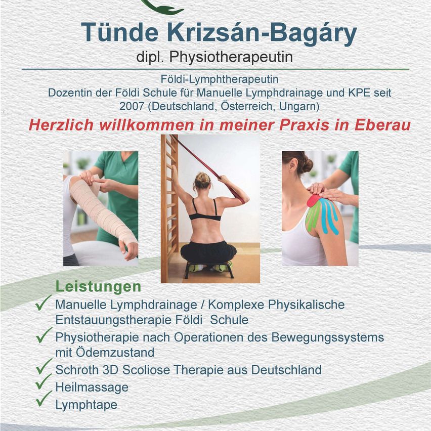 An image with text about Tünde Krizaán-Baáry, a certified physiotherapist. The text describes the services offered, including manual lymphatic drainage, complex physical decongestion therapy, physiotherapy, and more. Three images depict physiotherapy sessions.