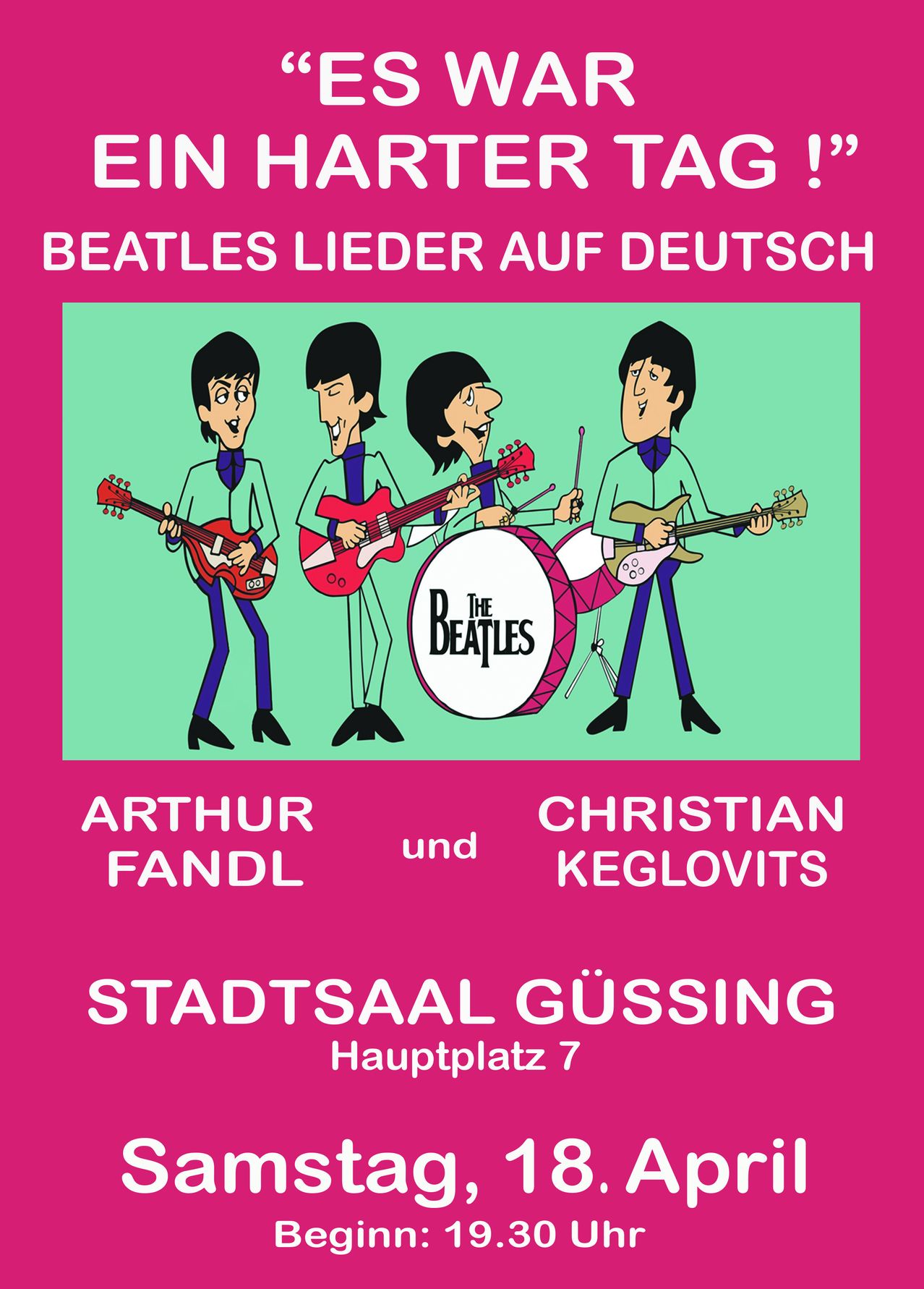 Poster for The Beatles Lieder Auf Deutsch event by Arthur Fandl and Christian Keglovits at Stadtsaal Gussing.