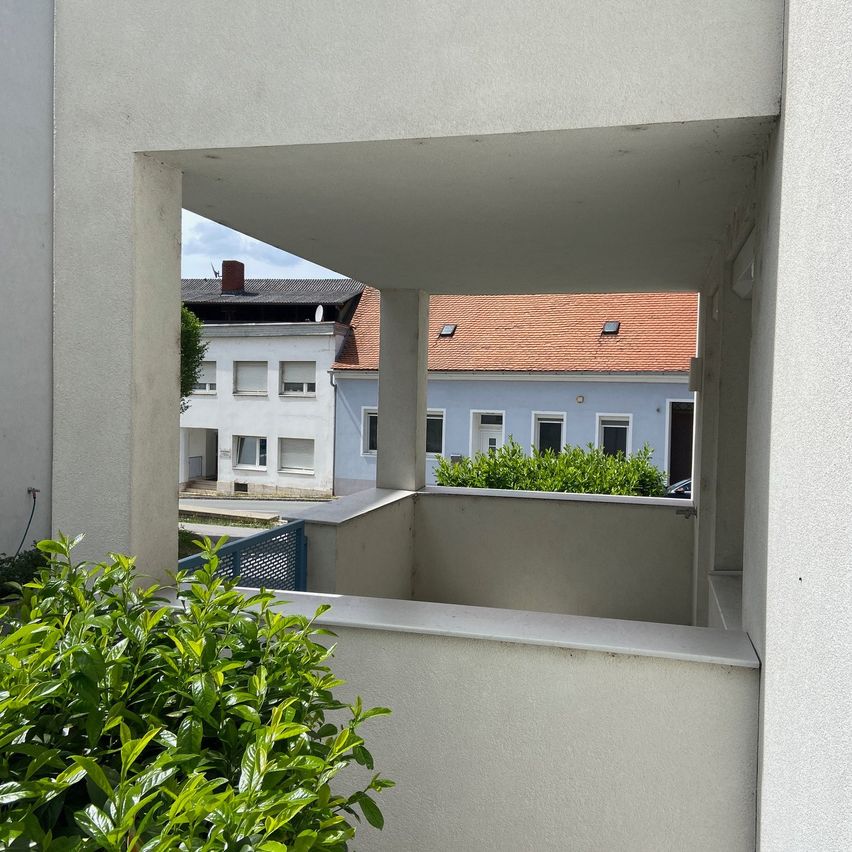 Ein Balkonblick auf ein Gebäude mit rotem Dach, ein weißes Gebäude mit Glasfenstern und einem grünen Busch im Vordergrund.