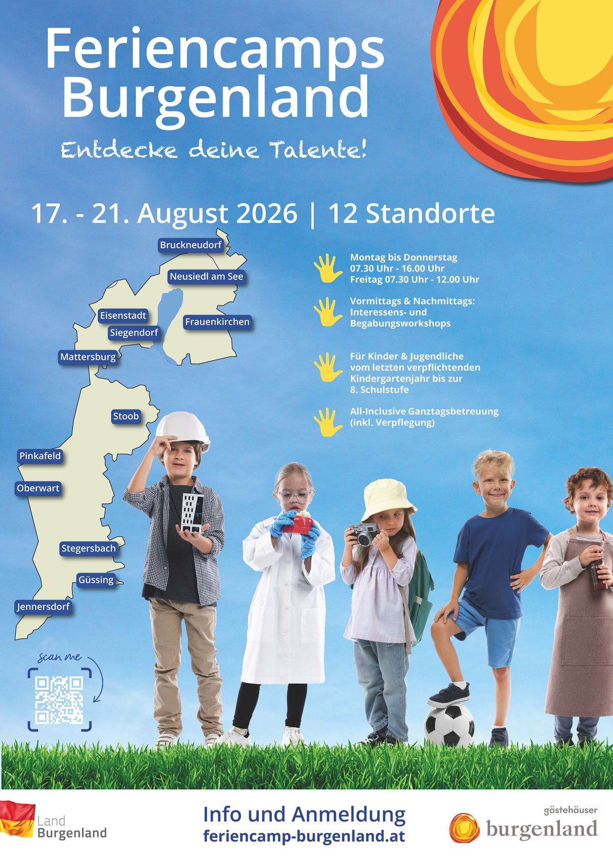 Werbeplakat für 'Entdecke deine Talente!' vom 17. bis 21. August 2026 mit 12 Orten. Kinder in Uniformen mit verschiedenen Requisiten. Scannen Sie, um mehr zu erfahren.