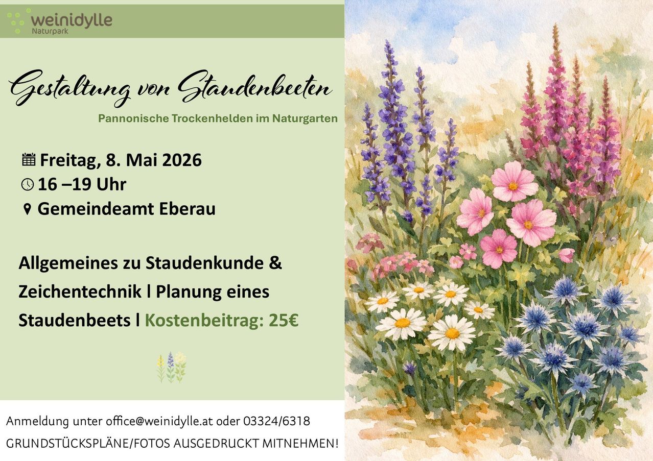 Plakat für einen Workshop über mehrjährige Trockenwiesen. Es zeigt eine Aquarellzeichnung verschiedener Blumen. Der Text enthält das Datum, 8. Mai 2026, in Eberau.